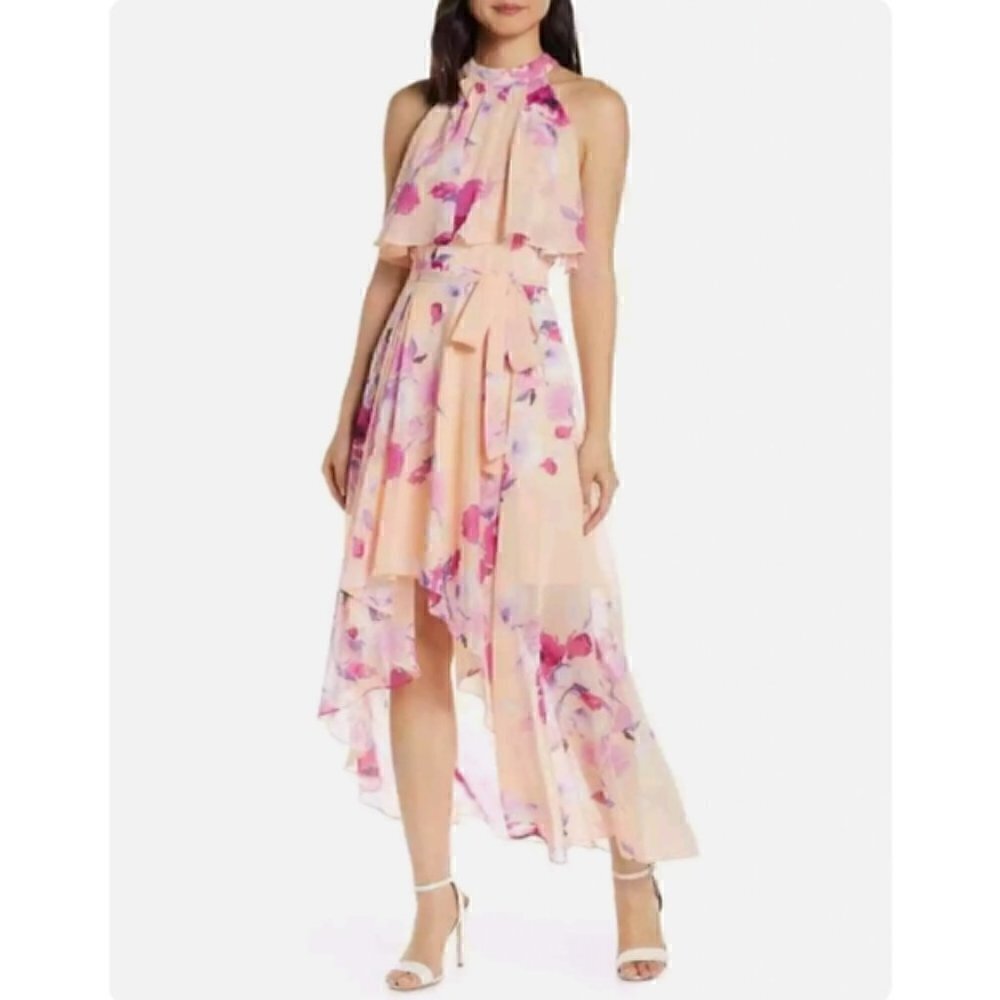 Eliza J Peach Floral Halter Watercolor High Low Maxi Dress Size 16W